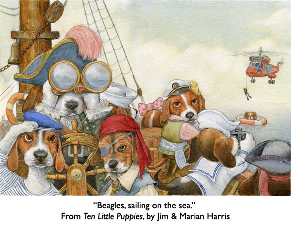 ‘Beagles, Sailing on the Sea.”  Beagle puppies from the children’s book, Ten Little Puppies.